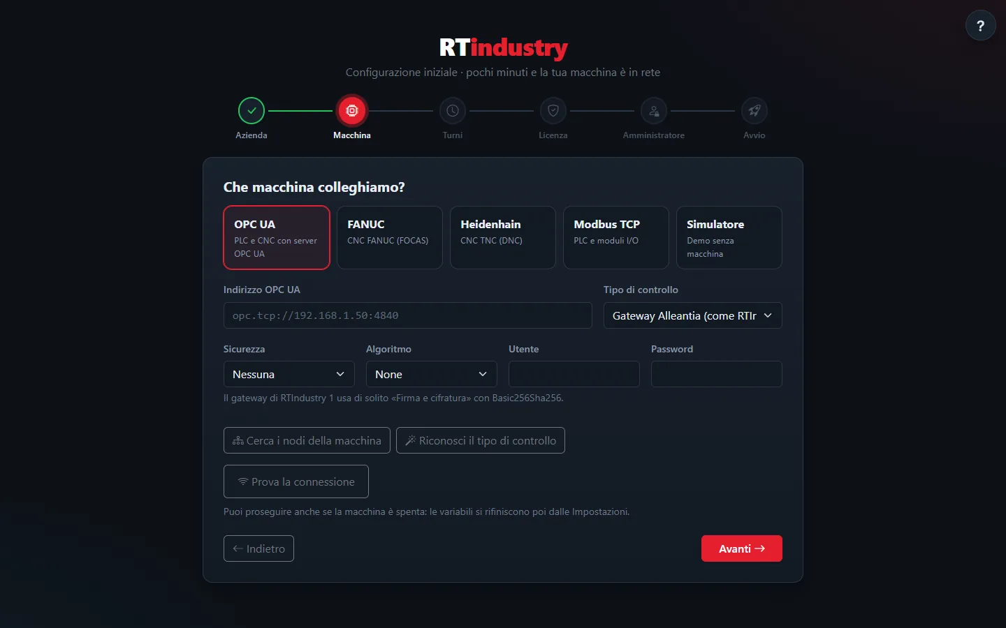 RTIndustry setup wizard: choosing the machine connection among OPC UA, FANUC, Heidenhain, Modbus TCP and Simulator