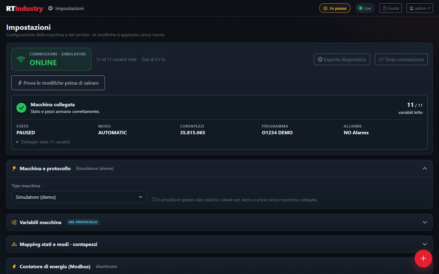 RTIndustry Settings with the machine connection status and the configuration sections