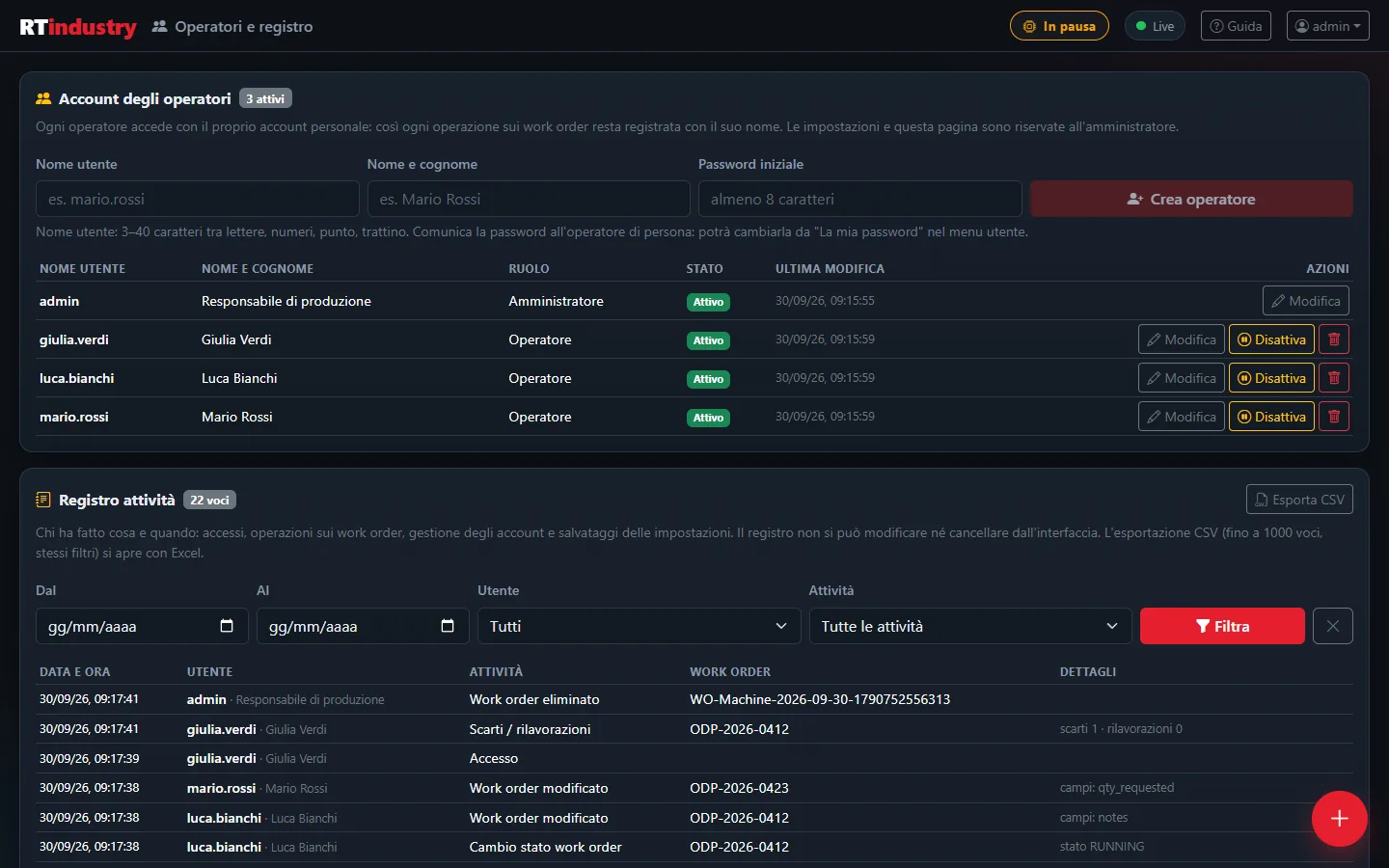 RTIndustry Operators and activity log page with operator accounts and the activity log